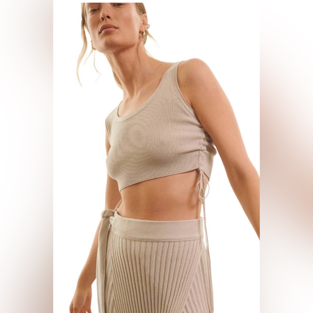 The Knotty Ones Organic Cotton Crop Top - Drebul Rib Knit Ruched Silver Grey M